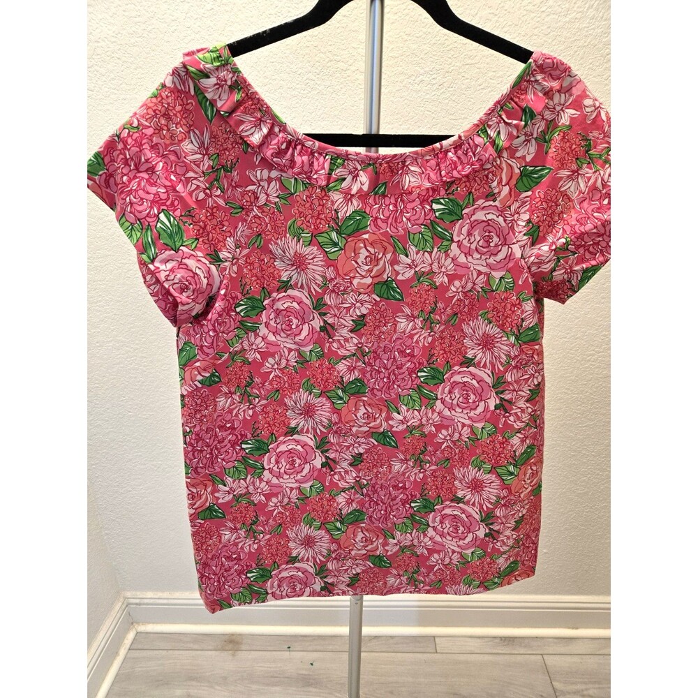 Lilly Puliiter Pink Rose Top BUTTON Back Cotton Silk Blouse Size 10